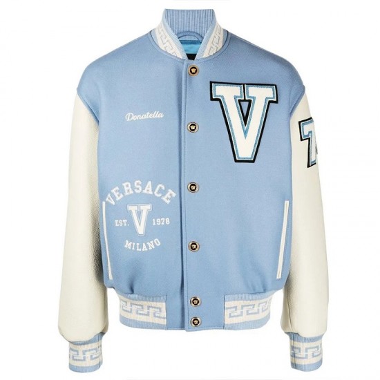 V Felted-Wool and Leather Blue Varsity Jacket V Felted-Wool and Leather Blue Varsity Jacket