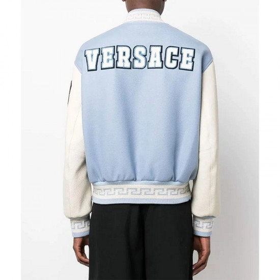 V Felted-Wool and Leather Blue Varsity Jacket V Felted-Wool and Leather Blue Varsity Jacket