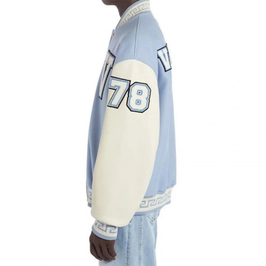 V Felted-Wool and Leather Blue Varsity Jacket V Felted-Wool and Leather Blue Varsity Jacket