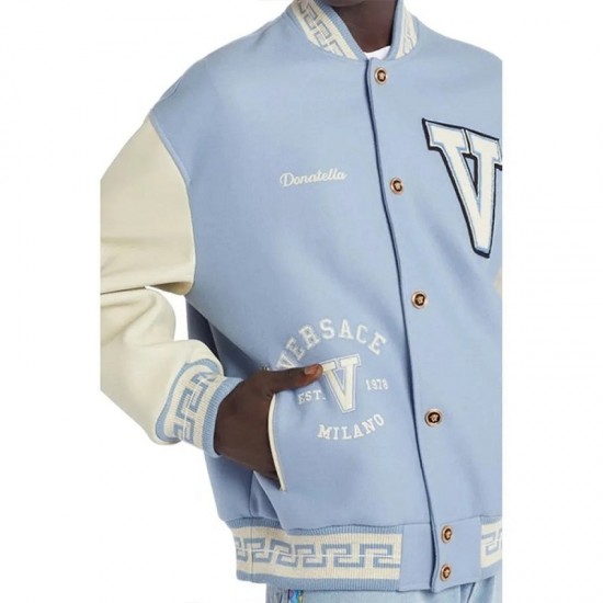 V Felted-Wool and Leather Blue Varsity Jacket V Felted-Wool and Leather Blue Varsity Jacket