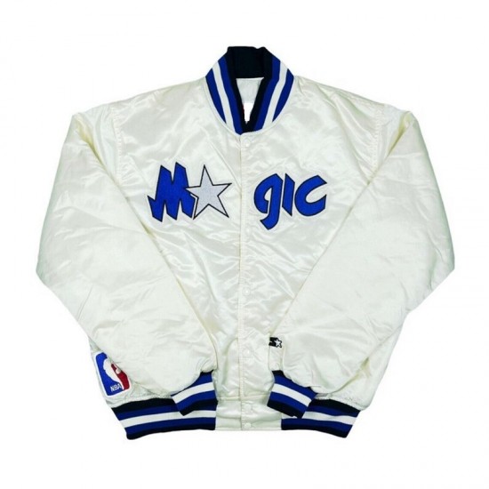 Vtg Very Rare Orlando Magic White Satin Bomber Jacket