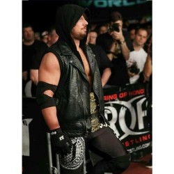 WWE Wrestler AJ Styles Leather Vest with Hoodie