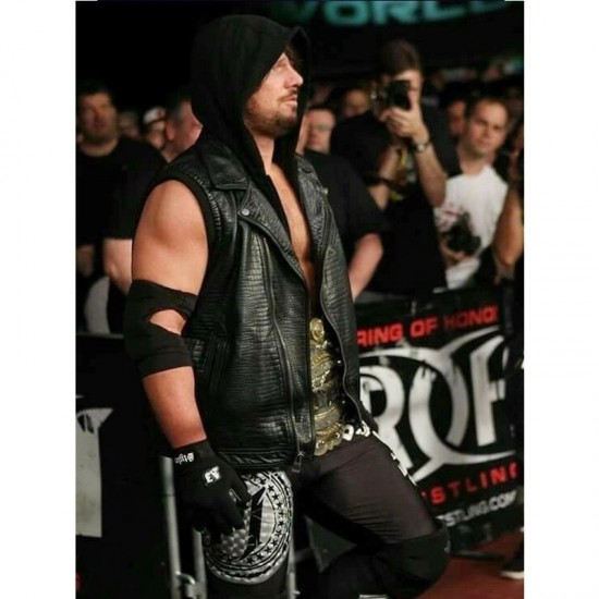 WWE Wrestler AJ Styles Leather Vest with Hoodie