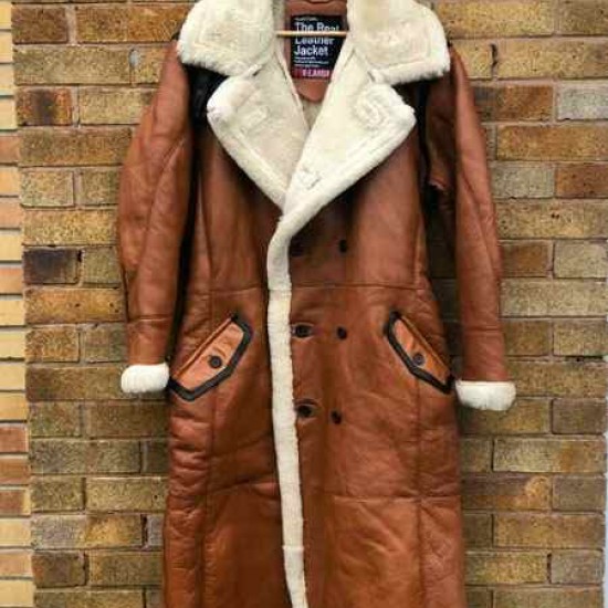 Winter Long Coat Real Sheepskin Leather Fur Vintage Brown Overcoat Winter Long Coat Real Sheepskin Leather Fur Vintage Brown Overcoat
