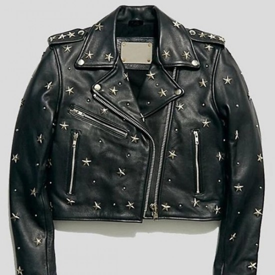 Women Black Biker Style Handmade Star Studs Leather Jacket Women Black Biker Style Handmade Star Studs Leather Jacket