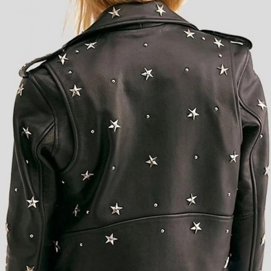 Women Black Biker Style Handmade Star Studs Leather Jacket Women Black Biker Style Handmade Star Studs Leather Jacket