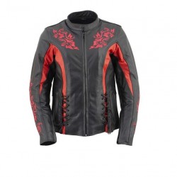 Women Black Motorcycle Cowhide Embroidered Leather Jacket