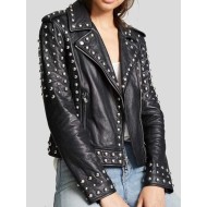 Women Black Sheepskin Leather Black Studded Jacket