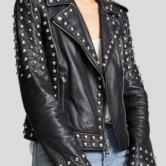 Women Black Sheepskin Leather Black Studded Jacket Women Black Sheepskin Leather Black Studded Jacket