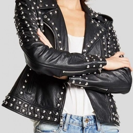 Women Black Sheepskin Leather Black Studded Jacket Women Black Sheepskin Leather Black Studded Jacket
