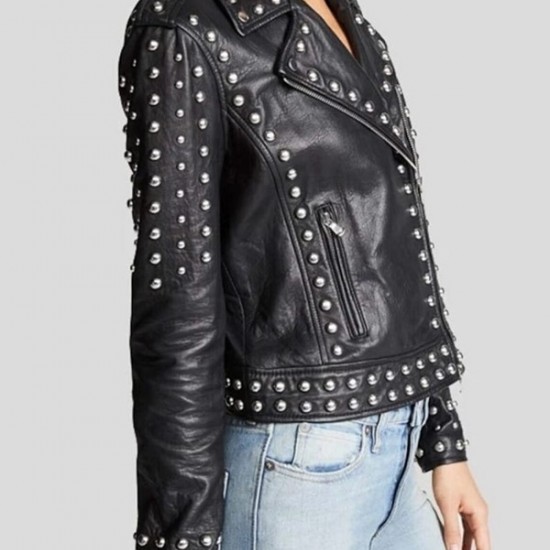 Women Black Sheepskin Leather Black Studded Jacket Women Black Sheepskin Leather Black Studded Jacket