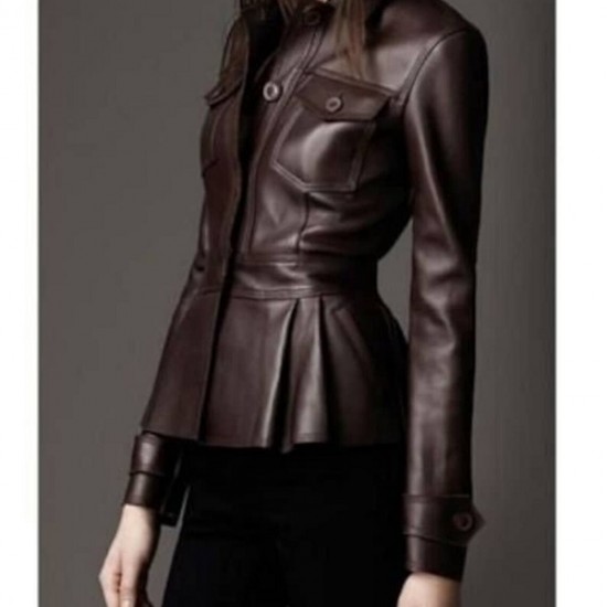 Women Brown Genuine Leather Short Coat Jacket