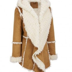 Women Brown Suede Leather Fur Hooded Shearling Coat