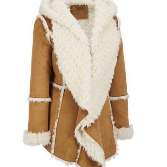 Women Brown Suede Leather Fur Hooded Shearling Coat Women Brown Suede Leather Fur Hooded Shearling Coat