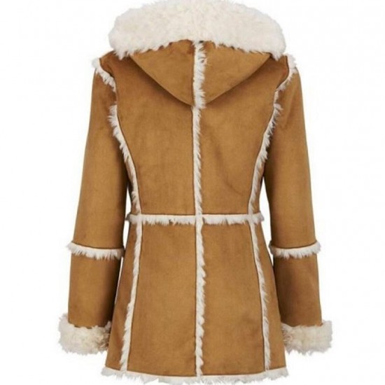 Women Brown Suede Leather Fur Hooded Shearling Coat Women Brown Suede Leather Fur Hooded Shearling Coat