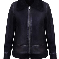 Women's Black Aviator Biker Genuine Sheepskin Leather Jacket