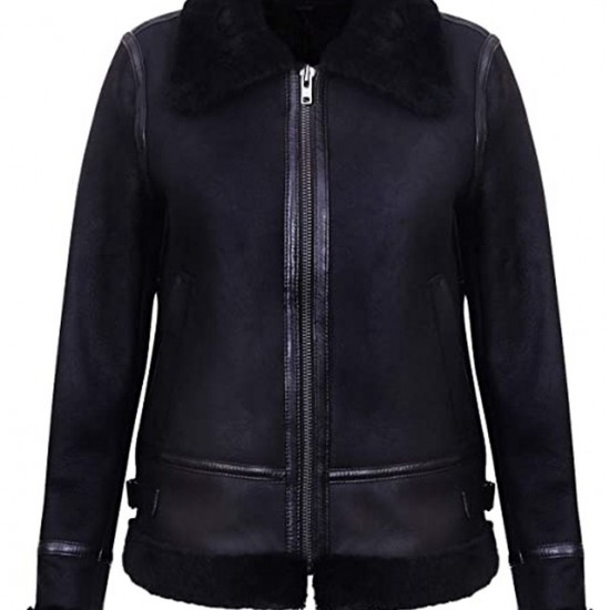 Women's Black Aviator Biker Genuine Sheepskin Leather Jacket