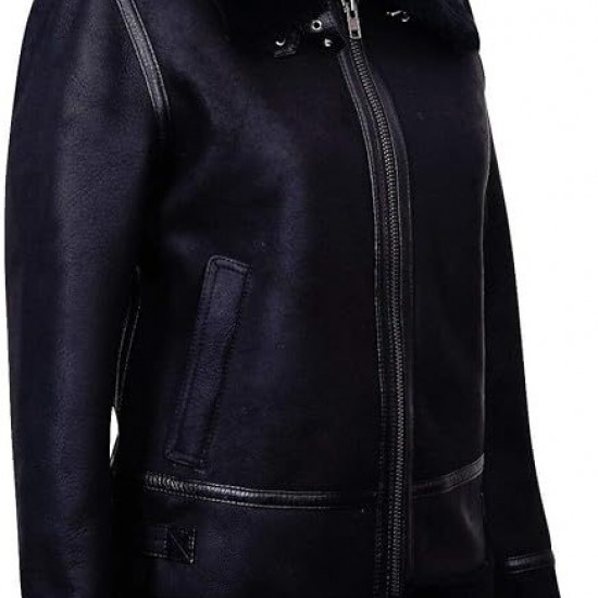 Women's Black Aviator Biker Genuine Sheepskin Leather Jacket