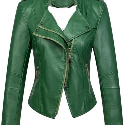 Women's Candy Color Asymmetric Zip Slim Faux Leather Cropped Moto Jacket