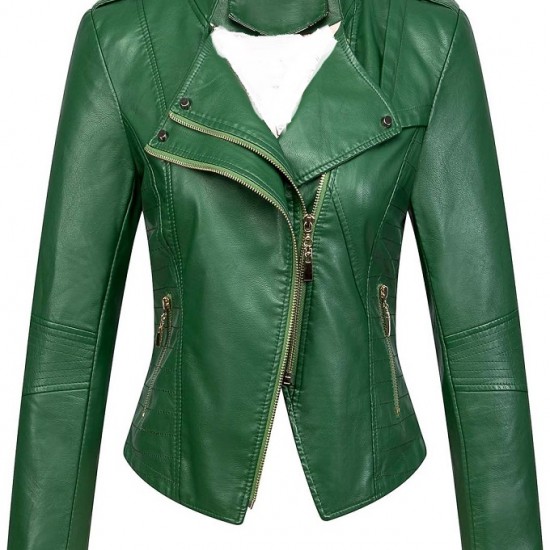 Womens Candy Color Asymmetric Zip Slim Faux Leather Cropped Moto Jacket