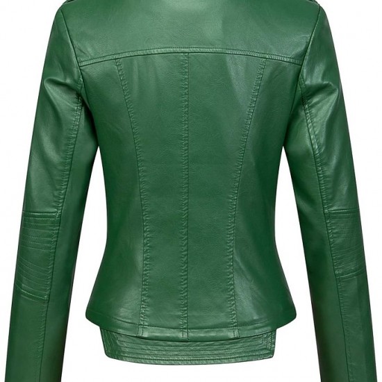 Womens Candy Color Asymmetric Zip Slim Faux Leather Cropped Moto Jacket