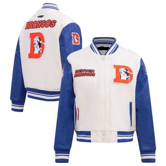 Women's Denver Broncos Pro Standard Cream Retro Classic Varsity Jacket Women's Denver Broncos Pro Standard Cream Retro Classic Varsity Jacket