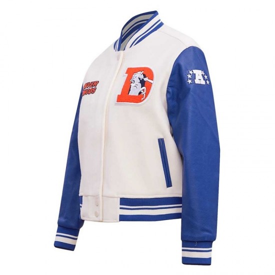 Women's Denver Broncos Pro Standard Cream Retro Classic Varsity Jacket Women's Denver Broncos Pro Standard Cream Retro Classic Varsity Jacket