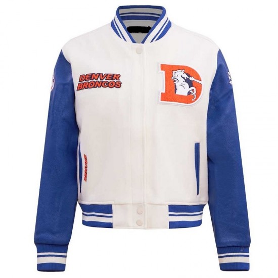 Women's Denver Broncos Pro Standard Cream Retro Classic Varsity Jacket Women's Denver Broncos Pro Standard Cream Retro Classic Varsity Jacket