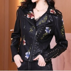 Women's Floral Embroidery Motorcycle Leather Jacket