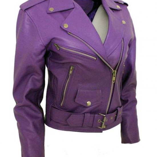 Women's Harley Quinn Stylish Brando Purple Leather Biker Jacket Women's Harley Quinn Stylish Brando Purple Leather Biker Jacket