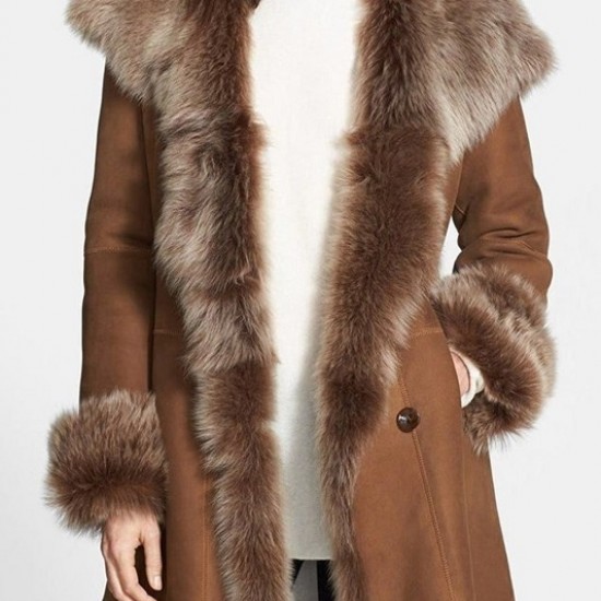 Womens Brown Stylish Suede Leather Shearling Coat Womens Brown Stylish Suede Leather Shearling Coat