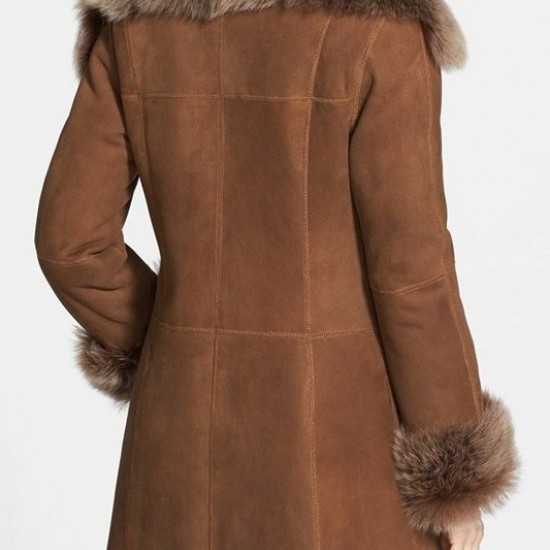Womens Brown Stylish Suede Leather Shearling Coat Womens Brown Stylish Suede Leather Shearling Coat