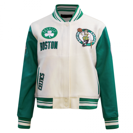 Womens Celtics Retro Classic Off-White Varsity Jacket Womens Celtics Retro Classic Off-White Varsity Jacket