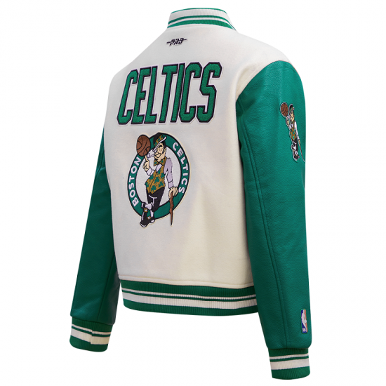 Womens Celtics Retro Classic Off-White Varsity Jacket Womens Celtics Retro Classic Off-White Varsity Jacket