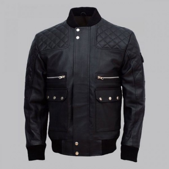 Work Wear Black Bomber Leather Jacket