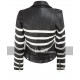 New Women's Black and White Striped Leather Biker Jacket