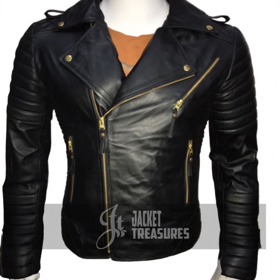 New Men's Padded Shoulders Quilted Motorcycle Black Leather Jacket 