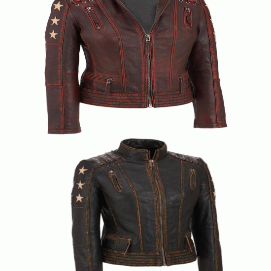 New Women's Distressed Stars Vintage Stripes Style Cafe Racer Jacket