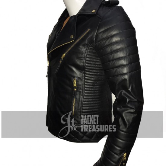 New Men's Padded Shoulders Quilted Motorcycle Black Leather Jacket 