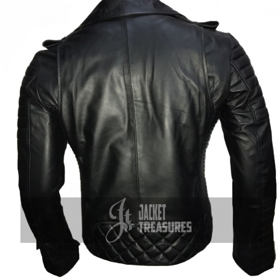 New Men's Padded Shoulders Quilted Motorcycle Black Leather Jacket 