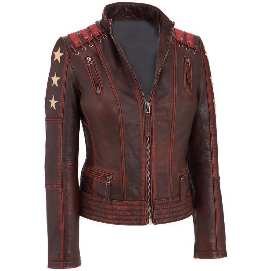 New Women's Distressed Stars Vintage Stripes Style Cafe Racer Jacket