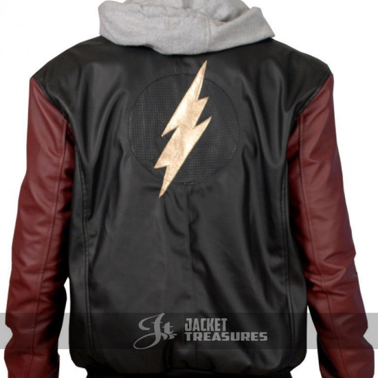 Justice League Barry Allen Flash Leather Jacket With Fleece Hood