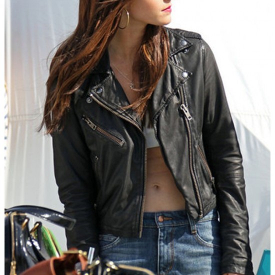 Emma Watson Biker Style Cropped Black Leather Jacket