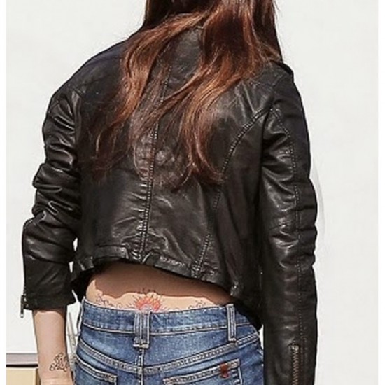 Emma Watson Biker Style Cropped Black Leather Jacket