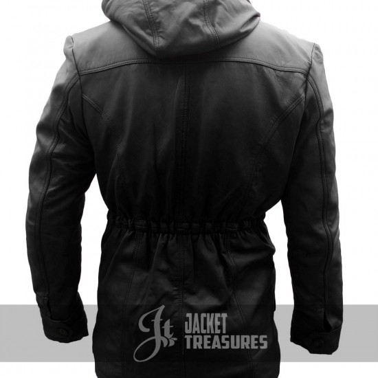 Mens Black Hooded Long Multi Pockets Leather Jacket