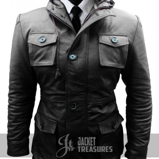 Mens Black Hooded Long Multi Pockets Leather Jacket