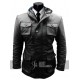 Mens Black Hooded Long Multi Pockets Leather Jacket