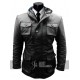 Mens Black Hooded Long Multi Pockets Leather Jacket