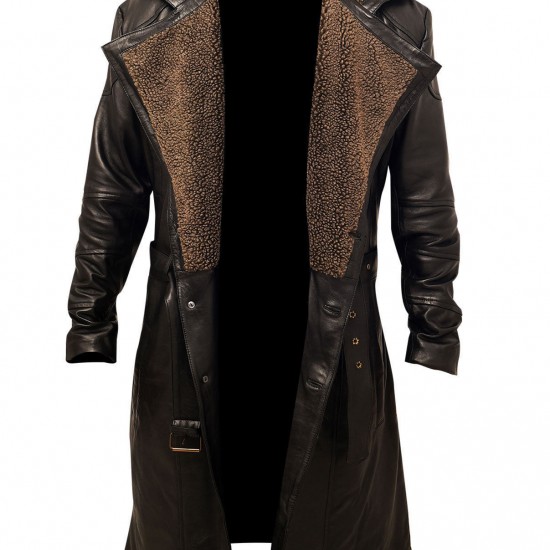 Officer K Blade Runner 2049 Ryan Gosling Fur Lapel Collar Trench Leather Coat 