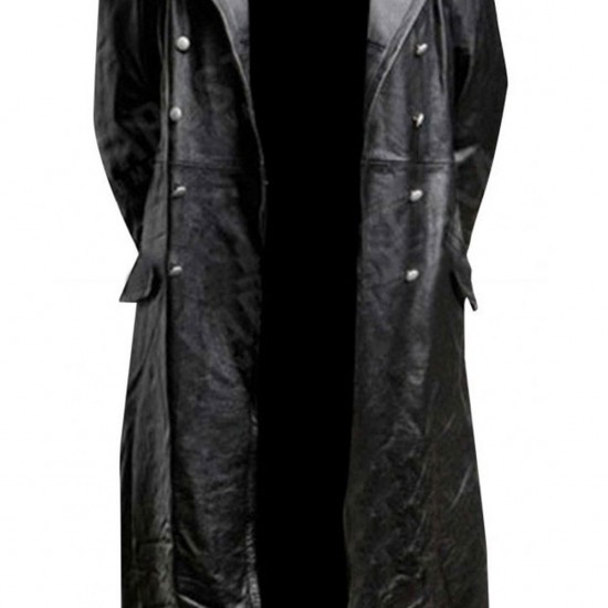 German Classic Officer WW2 Military Uniform Black Leather Trench Coat